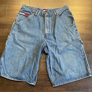 Vintage Y2K Tommy Hilfiger Baggy Carpenter Blue Jean Shorts Size 36 Large Logo
